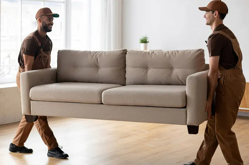 Zwei Mitarbeiter tragen eine Couch aus der Wohnung zur Entsorgung