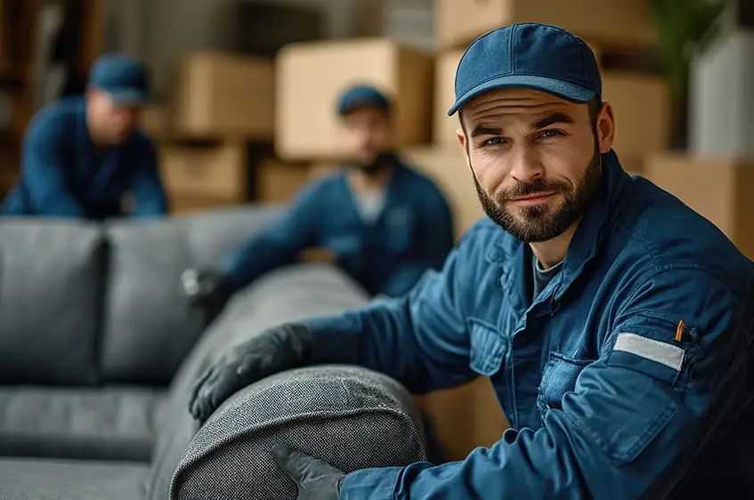 Zwei Mitarbeiter tragen eine Couch aus der Wohnung zur Entsorgung