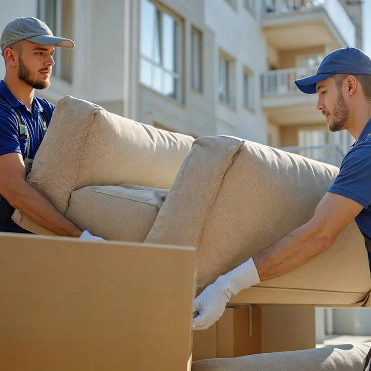 Zwei Möbelpacker tragen eine Couch weg
